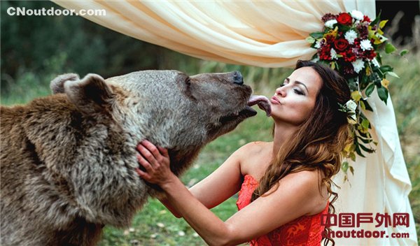 俄罗斯大棕熊当婚礼证婚人 为新人牵手“祝福”